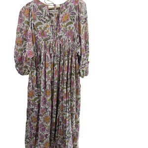 Daughters of India White Fuchsia Floral Kyra 100% Cotton Maxi Dress XS
